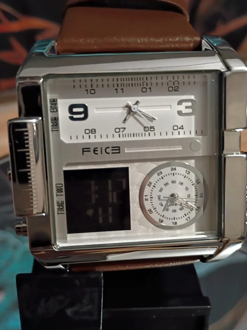 Ice Silver Dual-Display Men's Watch with Brown Leather Band